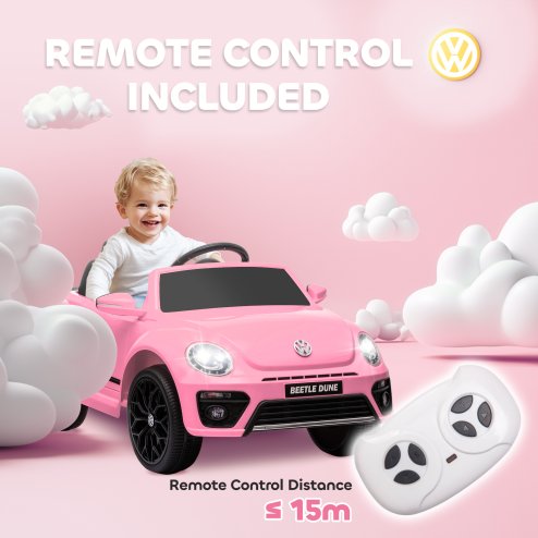 AIYAPLAY Volkswagen Beetle Licensed Ride on Car, 12V Kids Electric Car with Remote Control, 4 Spring Suspension Wheels, Soft Start, Headlights, FM Radio, Music, Horn, Pink