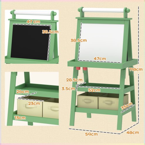 AIYAPLAY Art Easel for Kids with Paper Roll, 3 in 1 Kids Easel Double-Sided Magnetic Whiteboard and Chalkboard with Storage Baskets, for Children 3-6 Years - Green