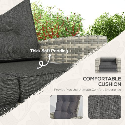 Outsunny 4 Piece Rattan Garden Furniture Set with Adjustable Backrest, Wicker Outdoor Furniture Sofa Set with Loveseat, Reclining Armchairs, Thickened Cushions and Glass Top Table, Light Grey