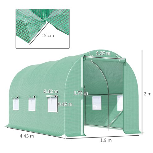 Outsunny 4.5m x 2m Walk-In Polytunnel Greenhouse, with Steel Frame, PE Cover, Roll-Up Door and 6 Windows, Green