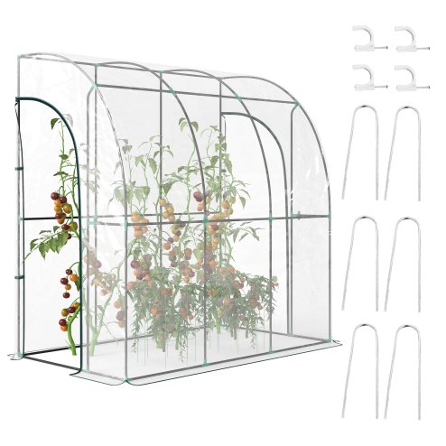 Outsunny Walk-In Greenhouse with Zipped Roll Up Doors, Lean-to Small Greenhouse with Plastic Cover and Sloping Top for Flowers, Vegetables and Herbs, 214cm x 118cm x 212cm, Clear
