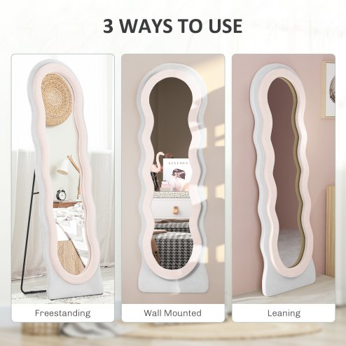 HOMCOM Irregular Wavy Mirror Full Length, 160 x 50cm Free Standing, Leaning or Wall Mirror with Velvet Wrapped Frame and Arched Top for Living Room, Bedroom, White and Pink