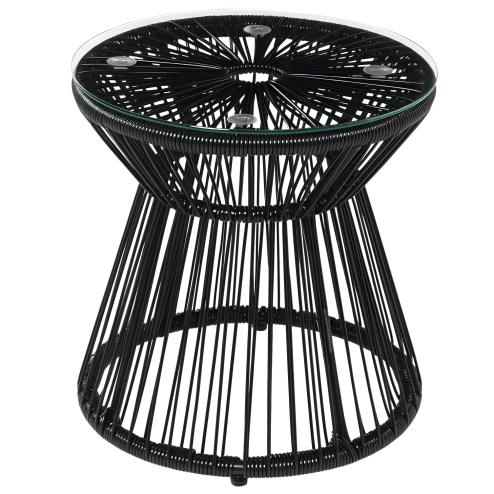 Outsunny Outdoor Coffee Table, Round PE Rattan Side Table with Tempered Glass Table Top, Hollow Drum Design for Garden, Balcony, Patio, Black