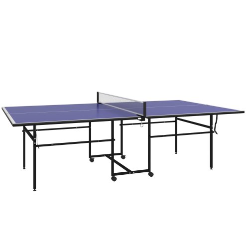 SPORTNOW 9FT Folding Table Tennis Table, Portable Full-Size Ping Pong Table with 4 Wheels, 2 Bats, 3 Balls, Quick Set-Up Indoor Game Table, Blue
