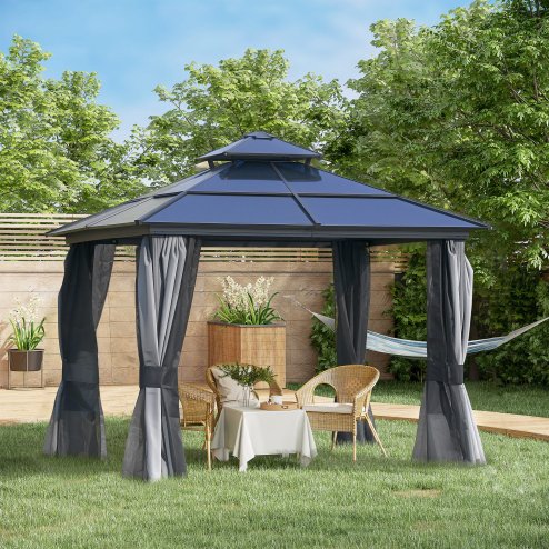 Outsunny 3 x 3(m) Polycarbonate Hardtop Gazebo Canopy with Double-Tier Roof and Aluminium Frame, Garden Pavilion with Mosquito Netting and Curtains