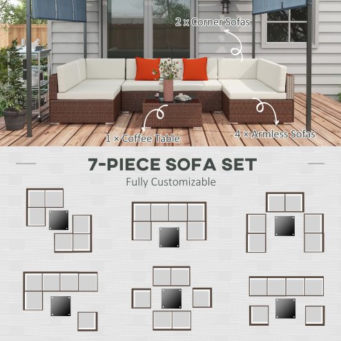 Outsunny 7 Pieces PE Rattan Garden Furniture Set with Thick Padded Cushion, Patio Garden Corner Sofa Sets with Glass Coffee Table and Pillows, Buckle Structure, Mixed Brown