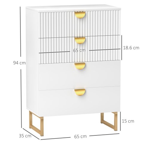 HOMCOM Bedroom Chest of Drawers with Gold Tone Handle, Modern Fluted 4-Drawer Dresser with Metal Legs for Living Room, Hallway, White
