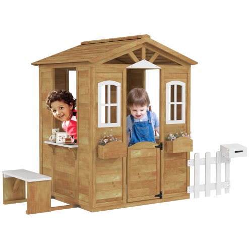 Outsunny Wooden Playhouse for Kids Outdoor Wendy House with Door, Windows, Mailbox, Flower Pot Holder, Serving Station, Bench for Children, Toddlers, Yellow