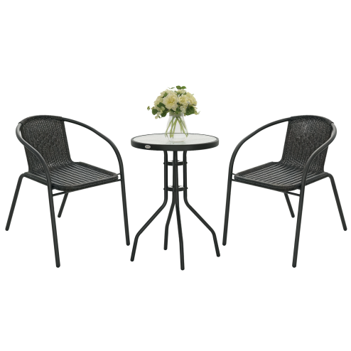 Outsunny 3 Pieces Rattan Bistro Set, 2 Seater Garden Furniture Set with Coffee Table and Stackable Chairs, Wicker Outdoor Table and Chairs for Garden, Porch, Balcony, Black