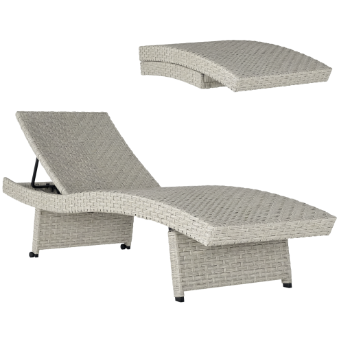 Outsunny Outdoor PE Rattan Sun Lounger, Folding Wicker Garden Lounger Recliner with 4-Level Adjustable Backrest, Rolling Sunbed Lounge Chair with Wheels, Non-Slip Legs for Balcony, Beach, Grey