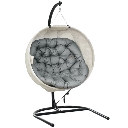 Outsunny Hanging Egg Chair Outdoor Indoor Garden Swing Chair with Folding Basket, Garden Hanging Chair with Stand, Thickened Cushion, Cup Holder for Patio, Balcony, Grey Image