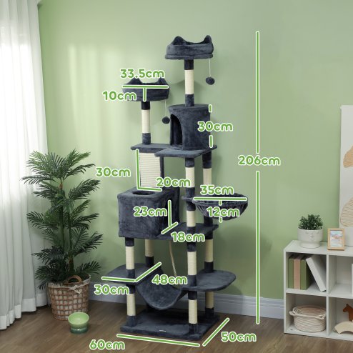 PawHut Cat Tree, 206cm Cat Tower with Sisal Scratching Posts and Board, Beds, Condos, Platforms, Hammocks, Toy Balls & Rope, Anti-Tip Kit, Kitten Activity Centre for Indoor, Dark Grey
