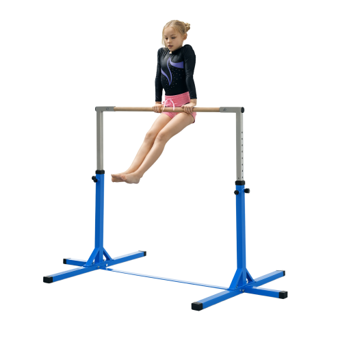 HOMCOM Height Adjustable Gymnastics Horizontal Bar For Kids Home Gym Training Children Junior Kip High Bar Fitness, Blue Image