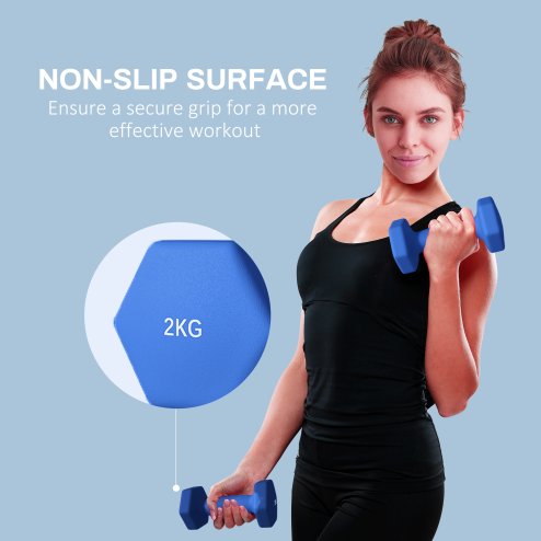 SPORTNOW Set of 2 Hex Dumbbells, Neoprene Weights Pair with Non-Slip Grip, Home Gym Fitness Training Equipment, 2 x 2kg, Blue
