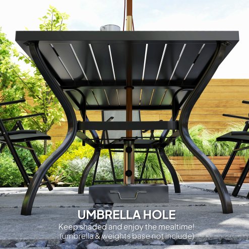 Outsunny 7 Pieces Garden Dining Set, 6 Seater Garden Furniture Set with Parasol Hole, Outdoor Dining Set with High Back Folding Chairs and Square Metal Top Table for Outdoor Patio, Grey