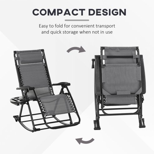 Outsunny Garden Rocking Chair Folding Recliner Outdoor Adjustable Sun Lounger Rocker Zero-Gravity Seat with Headrest Side Holder Patio Deck - Grey