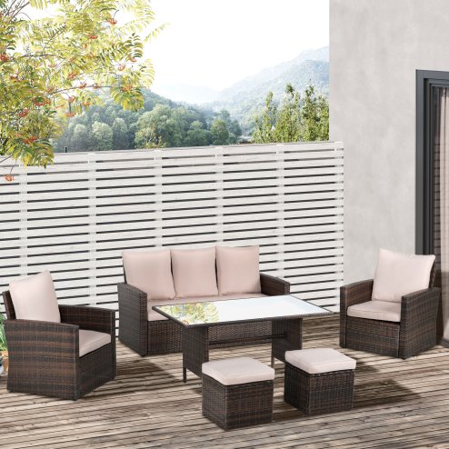 Outsunny 6 Pieces Rattan Garden Furniture Set, 7 Seater Wicker Garden Sofa Set with Glass Top Dining Table, Armchairs and Footstools, Outdoor Furniture with Cushions for Patio, Mixed Brown