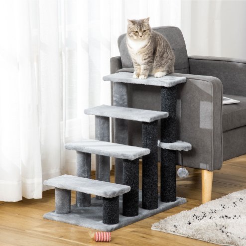 PawHut Pet Stairs, Cat Tree Climb Ladder with 4-step Stair, Scratching Posts, Platforms, Toy Ball, for Indoor Cats, Grey Image