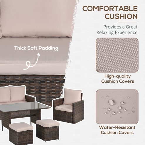 Outsunny 6 Pieces Rattan Garden Furniture Set, 7 Seater Wicker Garden Sofa Set with Glass Top Dining Table, Armchairs and Footstools, Outdoor Furniture with Cushions for Patio, Mixed Brown