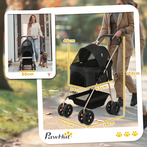 PawHut Pet Stroller, 3 in 1 Folding Dog Stroller Pram w/ 4 Wheels, Detachable Carrier, Storage Basket, Cup Holder, Safety Leashes, for Mini Dogs, Cats, Black