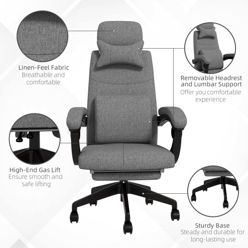 Vinsetto Office Chair, Ergonomic Desk Chair, High Back Fabric Work Chair with 160° Reclining Backrest, Retractable Footrest, Neck and Lumbar Pillow for Home and Study, Dark Grey