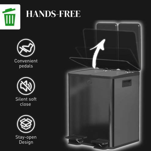 HOMCOM Dual Kitchen Bin, 2 x 20L Stainless Steel Double Rubbish Bin with Soft Close Lid, Removable Inner Buckets, Fingerprint-Proof for Recycling and Waste