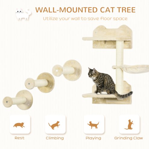 PawHut 4 Piece Cat Shelves Cat Wall Furniture Wall-Mounted Cat Tree for Indoor Cat w/ Hammock, Steps, Platforms, Scratching Post - Beige