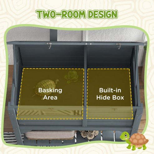 PawHut Tortoise House w/ Shelf, Small Pet Reptile Wooden House w/ Hide Shelter Den and Run, Lamp Holder, Tray, for Indoors, Outdoors - Grey