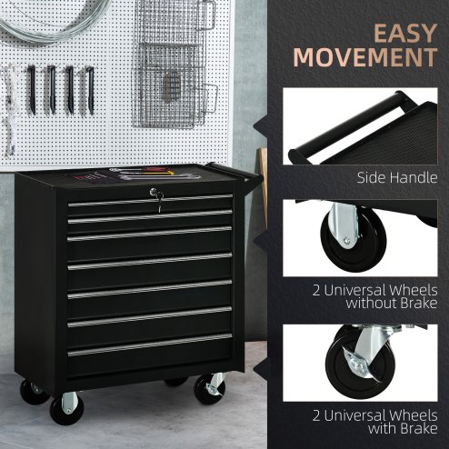 DURHAND 7-Drawer Rolling Tool Chest on Wheels, Lockable Tool Cabinet with Side Handle, Metal Tool Box Trolley for Garage, Workshop, Matte Black