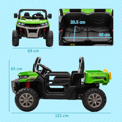 HOMCOM 2 Seater Kids Ride On Car with Electric Bucket, 12V Battery Powered Electric UTV with Shovel, Parental Remote, 4 Spring Suspension Wheels, Working Horn, Music - Green