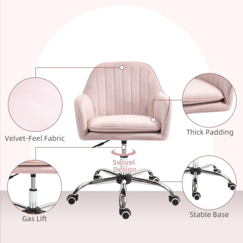 HOMCOM Office Chair, Swivel Desk Chair, Velvet-Feel Fabric Vanity Chair with Adjustable Height and Rolling Wheels for Home Work Study, Pink