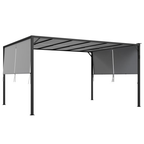 Outsunny 3(m) x 4m Pergola with Solar LED Lights, Garden Gazebo with Retractable Roof, Steel Frame, Outdoor Sun Shade Shelter for Patio Balcony Porch, Dark Grey