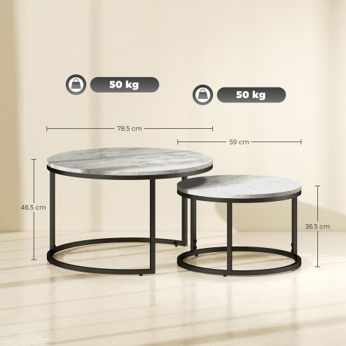 HOMCOM Nest of Tables, Round Coffee Table Set of 2,  Coffee Tables with Steel Frame for Living Room, Marble Grey