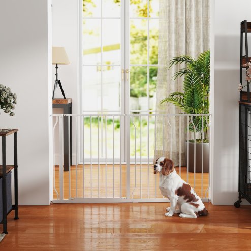 PawHut Dog Gate Wide Stair Gate w/ Door Pressure Fit Pets Barrier for Doorway, Hallway, 76H x 75-145W cm - White
