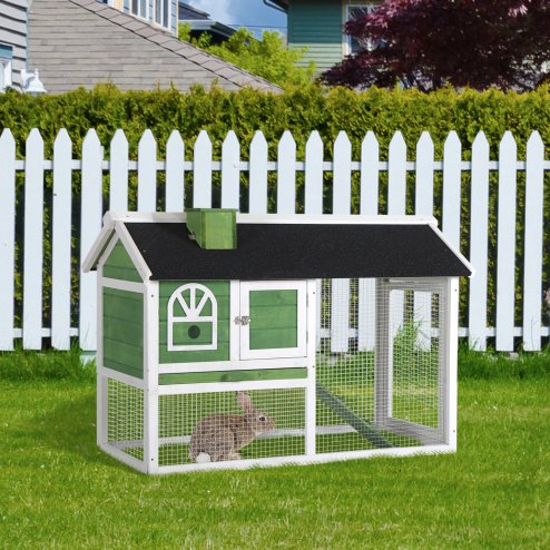 PawHut 2 Tiers Rabbit Hutch and Run Wooden Guinea Pig Hutch Outdoor with Sliding Tray, Ramp, Water-resistant Roof, for 2-4 Rabbits, Green
