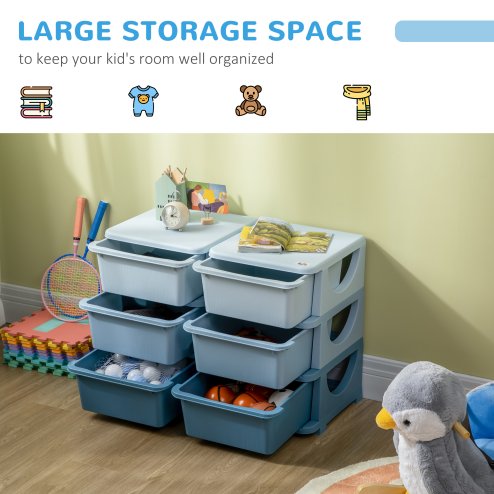 HOMCOM Kids Storage Units with 6 Drawers 3 Tier Chest Vertical Dresser Tower Toy Organiser for Nursery Playroom Kindergarten Blue