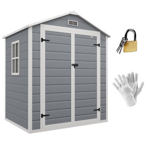 Outsunny 6 x 4.5FT Plastic Garden Shed with Floor, Lockable Tool Storage House with Window, Vent and Plastic Roof, Grey