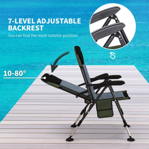 Outsunny Portable Fishing Chair, Lightweight Camping Chair with Reclining Backrest, Adjustable Legs and Mud Feet, 180kg Heavy Duty Folding Chair, Dark Green