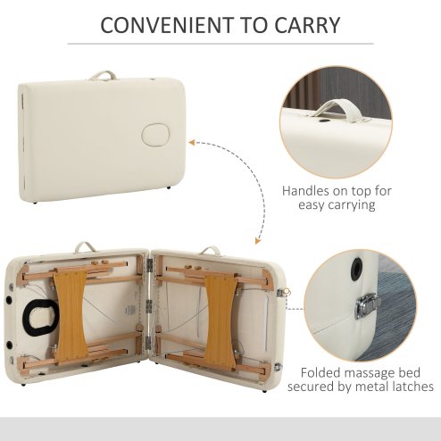HOMCOM Portable Massage Bed, Folding Spa Beauty Massage Table with 2 Sections, Carry Bag and Wooden Frame, Cream White