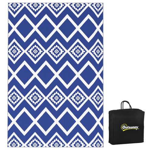 Outsunny Reversible Outdoor Rug with Carry Bag, Waterproof Plastic Straw Mat for Garden, Deck, RV, Picnic, Beach, Camping, 182 x 274cm, Blue and White