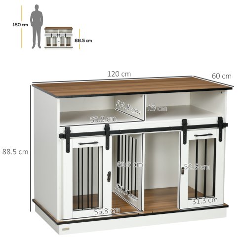 PawHut Dog Crate Furniture for Small and Large Dogs w/ Movable Divider, Dog Cage End Table with Shelves, Sliding Doors, 120 x 60 x 88.5cm, White