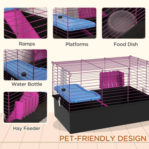 PawHut Guinea Pig Cage Chinchillas Rabbit Small Animal Cage with Ramp, Dish, Water Bottle, 71 x 46 x 47cm, Black