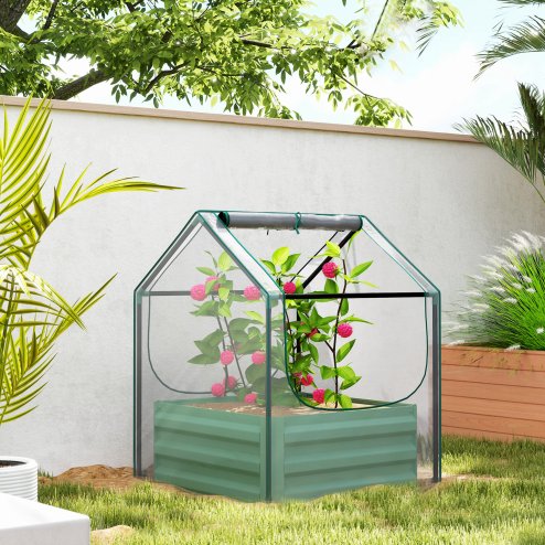 Outsunny Raised Garden Bed with Mini Greenhouse, Outdoor Metal Planter Box with Cover, for Herbs and Vegetables, Use for Patio, Garden, Balcony, Clear and Green