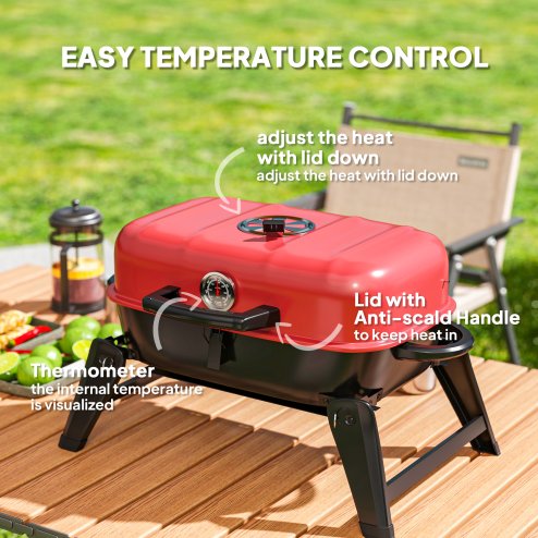 Outsunny Charcoal Barbecue Grill Folding BBQ Grill with 1232 cm? Cooking Area, Adjustable Vent, Thermometer, Handles for Camping Picnic, Red