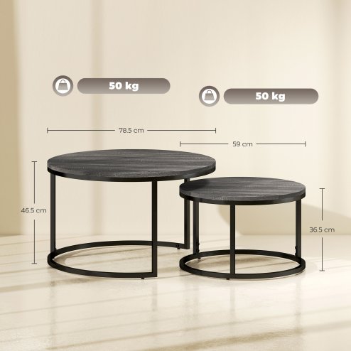 HOMCOM Round Nesting Coffee Table Set of 2, Large Stacking End Side Table with Steel Frame for Living Room, Bedroom, Home Office, 78.5 x 78.5 x 46.5 cm, Black