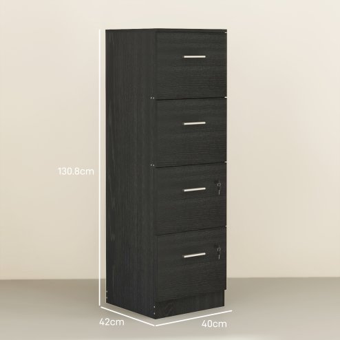HOMCOM File Cabinet with 4 Drawers for Home Office, Vertical Filing Cabinet with Lock, Adjustable Hanging Bar for A4 and Letter Size, Black Wood Effect