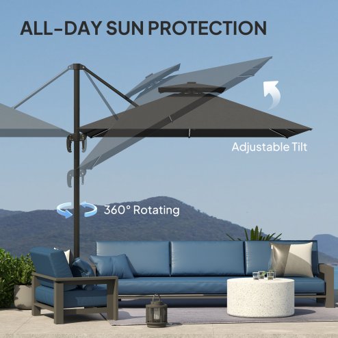 Outsunny 2.5m Cantilever Parasol with Solar Powered LED Lights, Double Top Square Overhanging Garden Parasol with 360?? Rotation, Tilt Adjustment, Crank Handle, Dark Grey