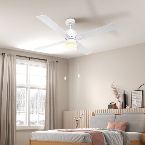 HOMCOM Ceiling Fan with Light, 130cm Flush Mount LED Ceiling Fan Light with 4 Reversible Blades, Pull-chain Switch, for Bedroom Living Room, White and Natural Tone
