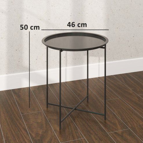Outsunny 46cm Round Small Garden Table with Removable Tray and Folding Legs, Metal Garden Side Table, Indoor Outdoor Coffee Table End Table for Patio, Balcony, Porch, Black