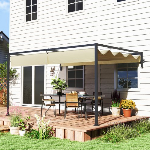 Outsunny 3 x 4m Lean To Pergola with Retractable Roof, Wall Mounted Garden Gazebo Outdoor Sun Shade Shelter for Patio, Deck, Khaki